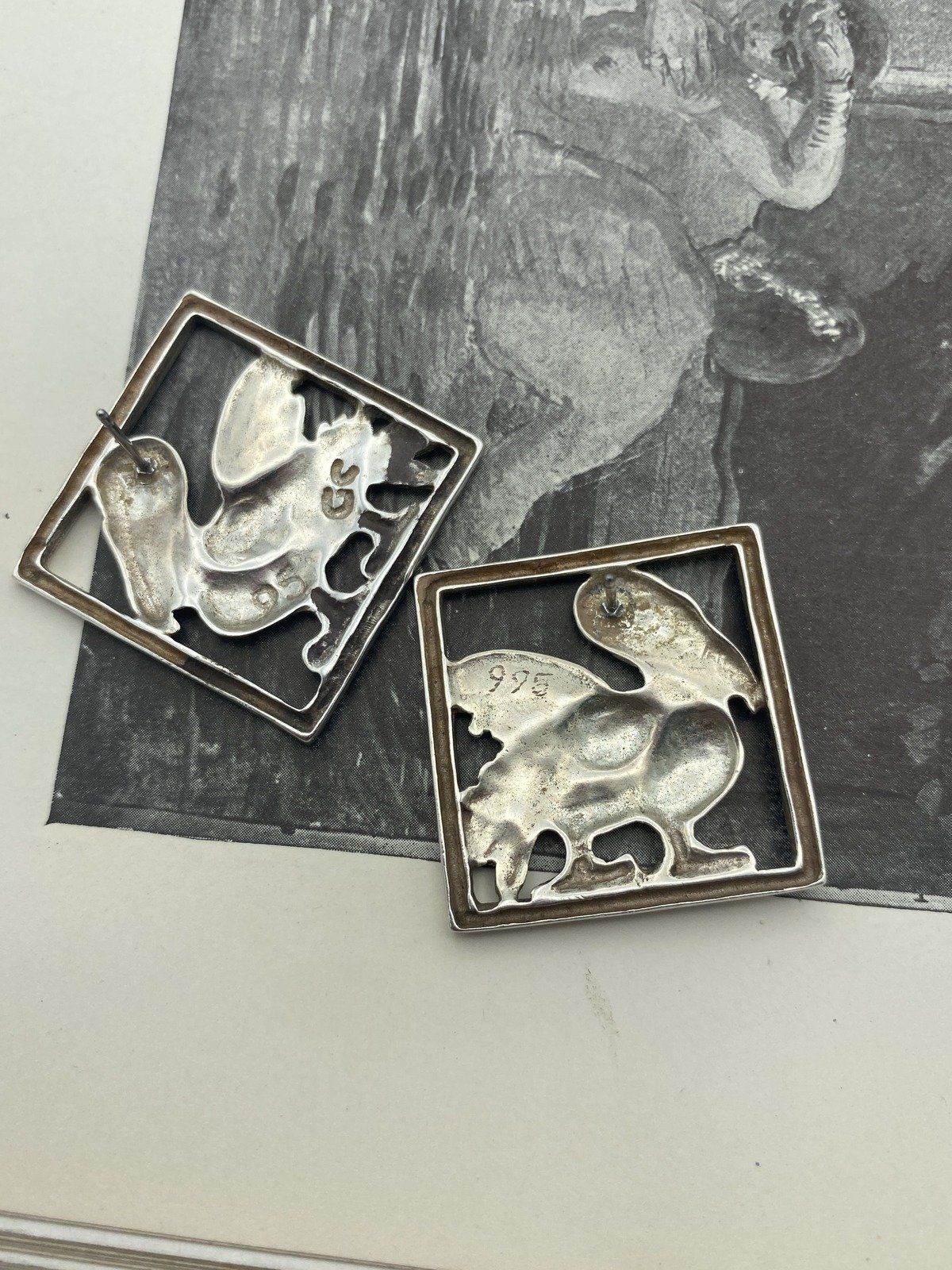 Vintage MS Craftsman Guild Artist Gayle Clark Sterling Silver Pelican Duo Pendant/Brooch + Earrings *SET* 6