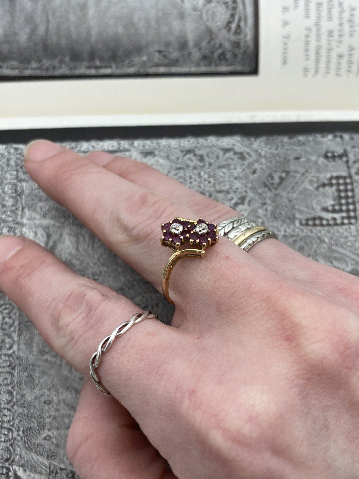 Vintage 10k Gold Ruby Double Flower Bypass Ring w Diamond Centers #2768 7