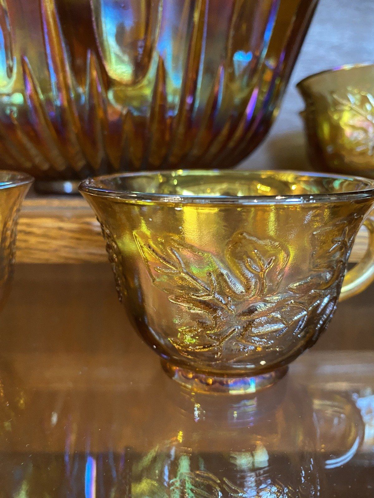 Indiana Carnival Glass Marigold Orange Carnival Glass Punch Bowl + 6 Cups 19
