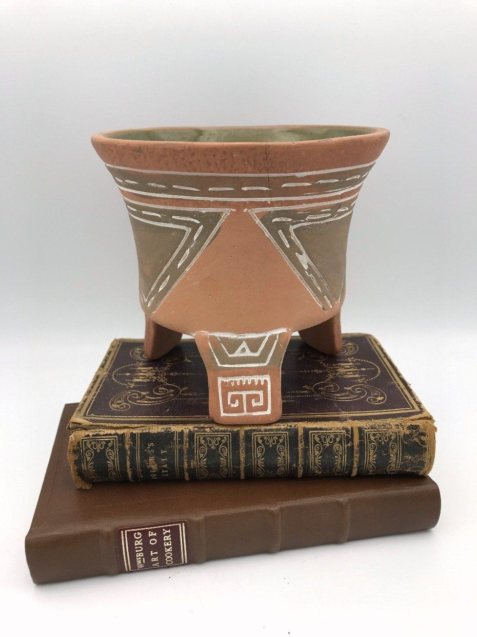 Footed Terra Cotta Pot w Green Glaze Interior 2