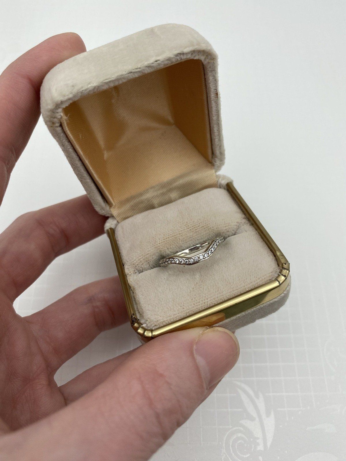 14k White Gold Pave Set Engagement Ring Guard Band w Angular Form 2