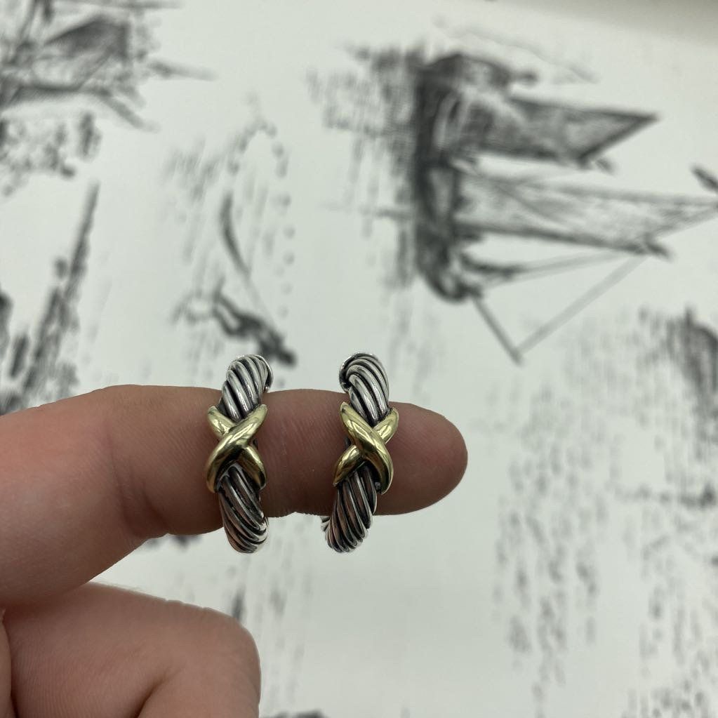 David Yurman Sterling Silver + 14k X Cable Hoop Earrings 2
