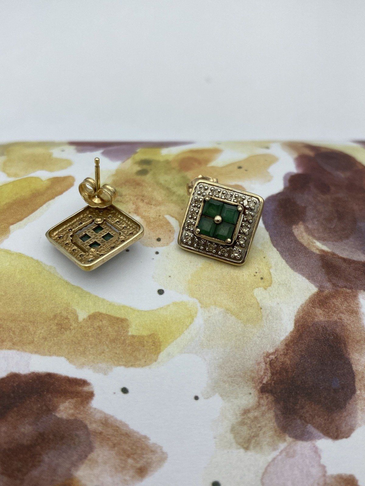 Squared 14k Gold Diamond Framed Princess Cut Emerald Stud Stud Earrings #2934 5