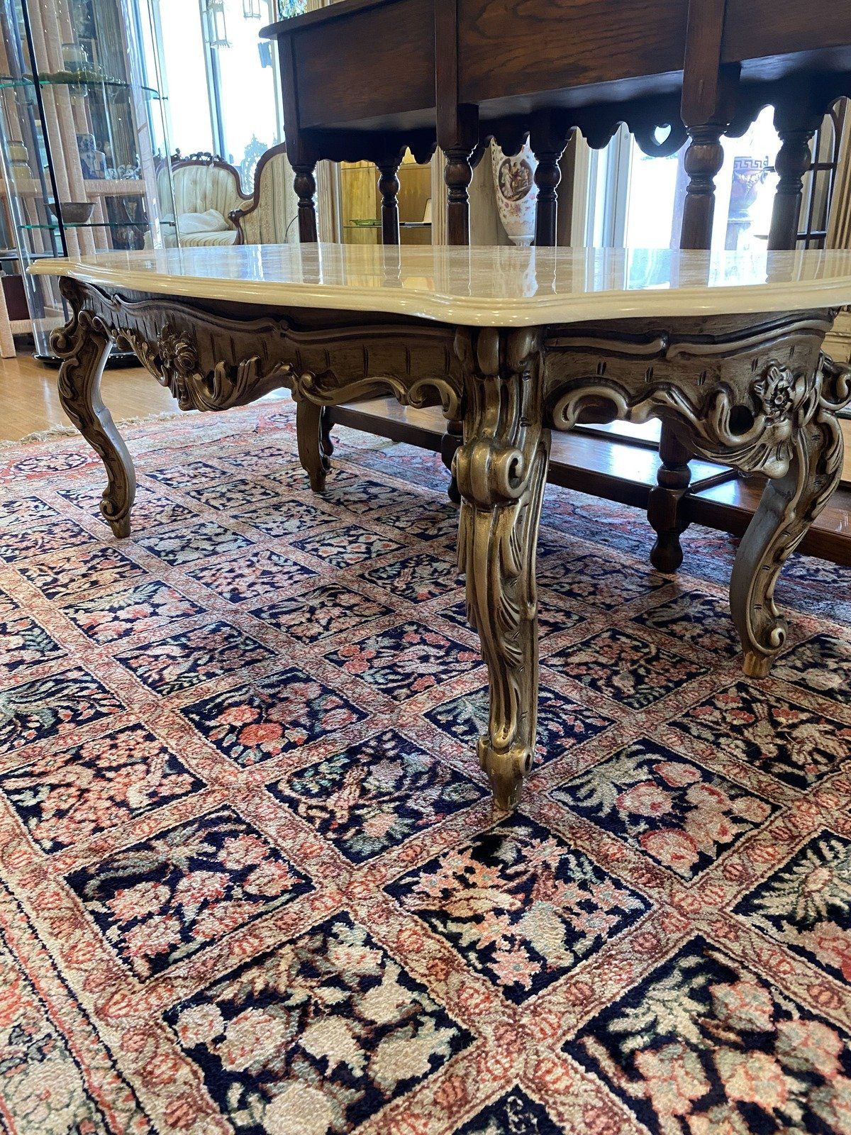 Modern Victorian Inspired Marble Top + Blonde Gilt Coffee Table 2