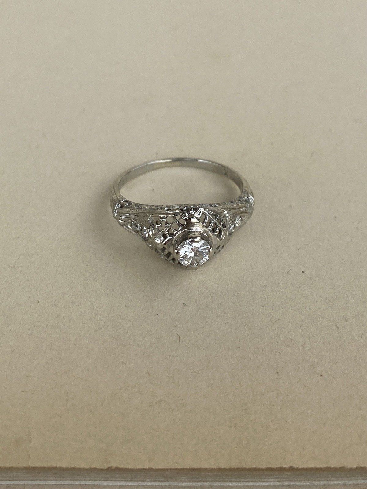 Vintage c.1930s 18k White Gold Art Deco Filigree .26ct Diamond Engagement Ring w Appraisal 4