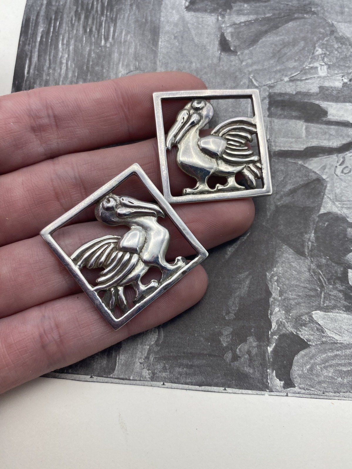 Vintage MS Craftsman Guild Artist Gayle Clark Sterling Silver Pelican Duo Pendant/Brooch + Earrings *SET* 2