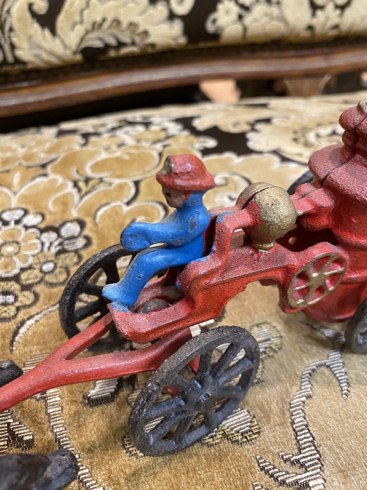 Miniature Cast Iron Vintage Fire Fighter Horse Drawn Toy 2