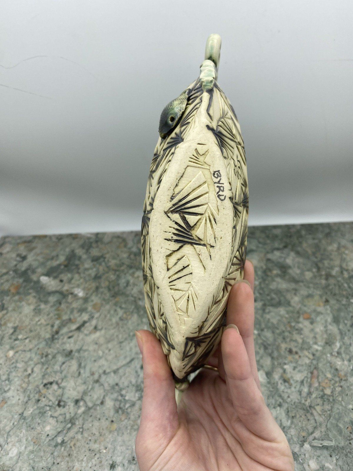 Vintage Signed Byrd Ceramic Pottery Fan Palm Boat Dish 3