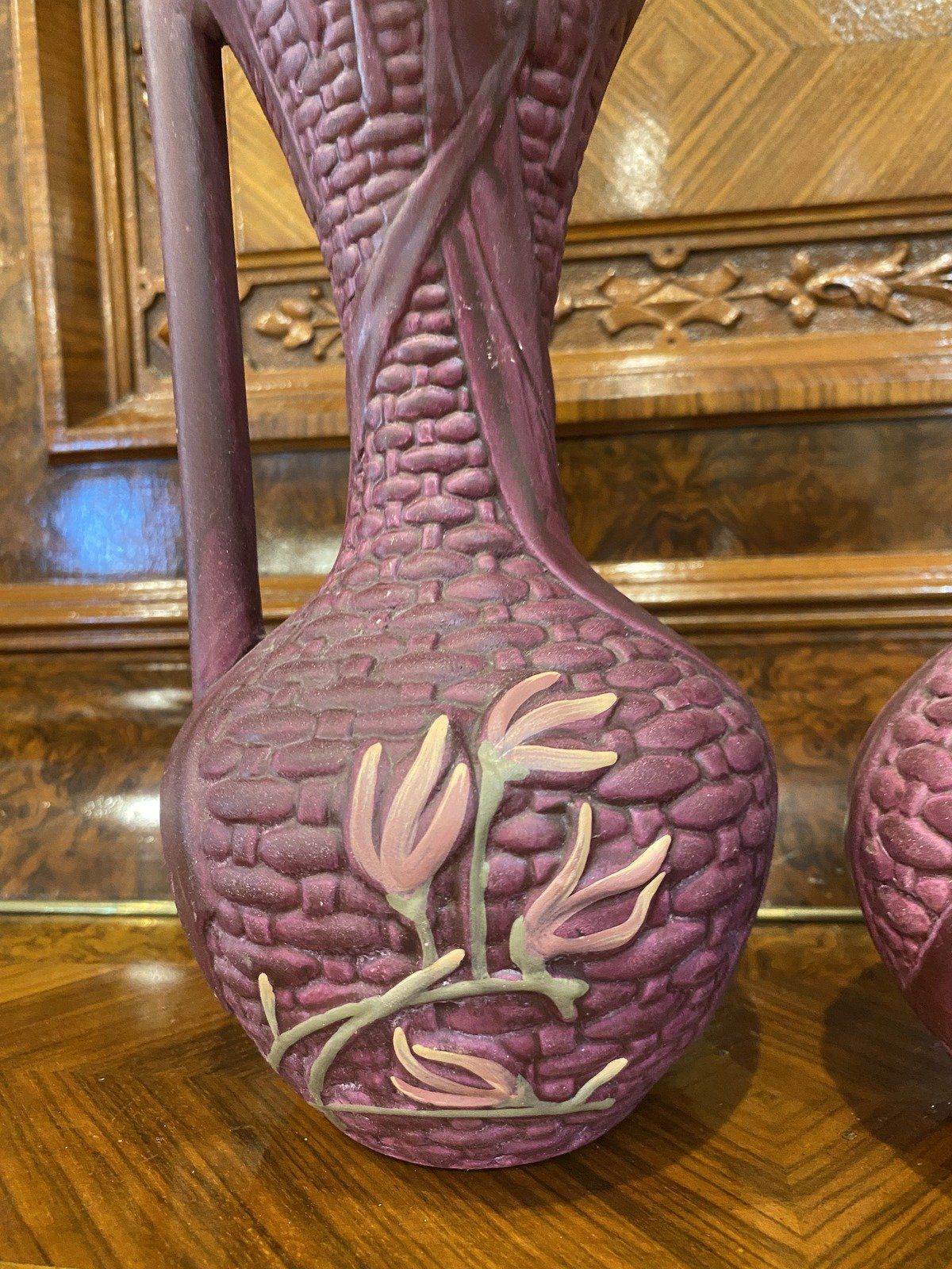 Pair of Unidentified Basket Weave + Floral Ceramic Ewer Vases 5