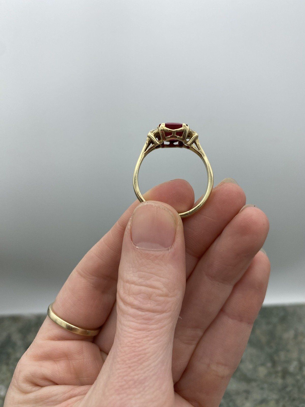 Men's Antique 14k Gold Ruby Red Glass Ring w Handsome Setting + Diamond Shoulder Detail #3132 3