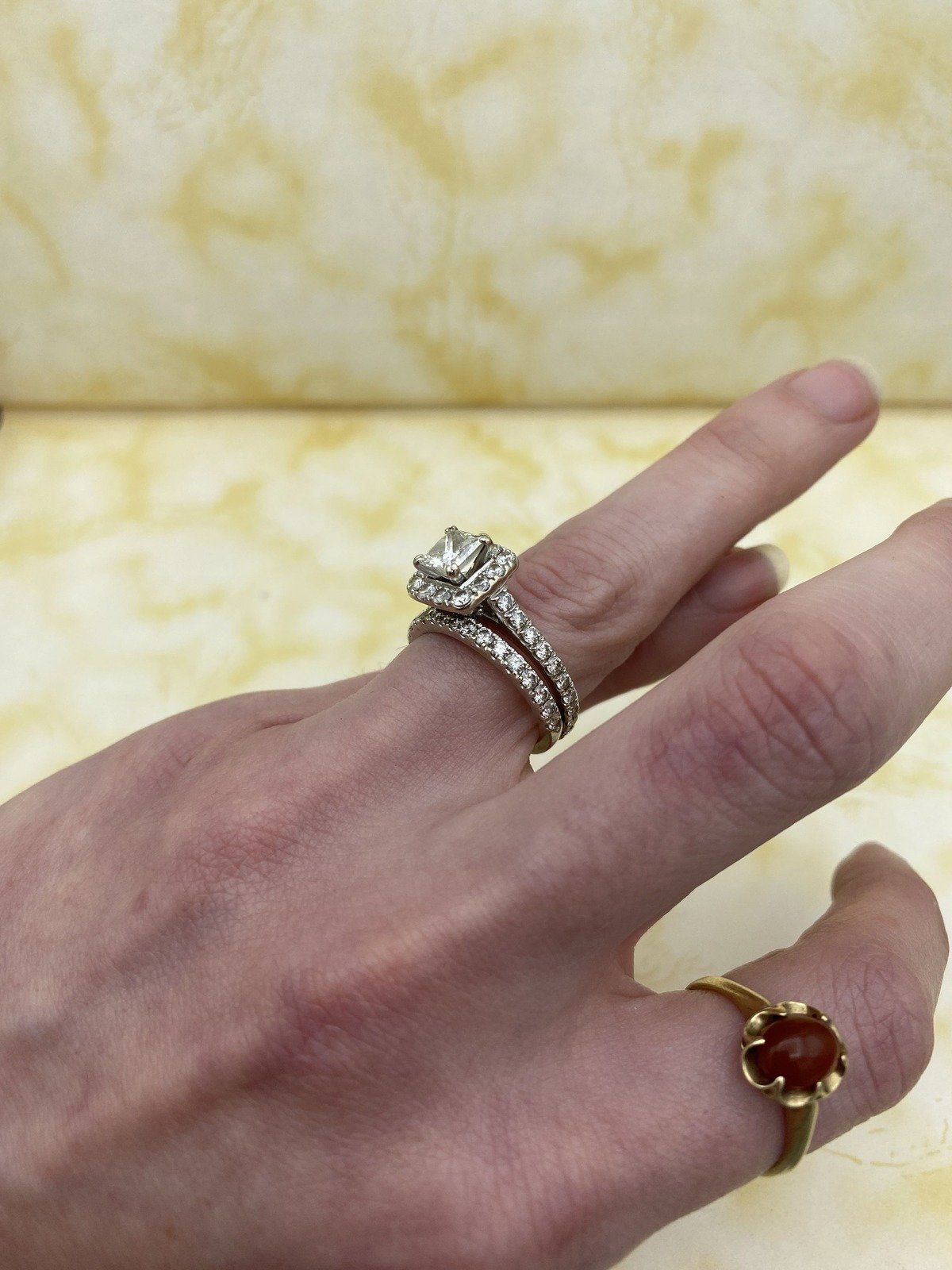 14k White Gold Neil Lane .88ct Princess Cut Diamond Engagement Ring w Sizeable Diamond Halo + Band w Retro Fitting Guard 3
