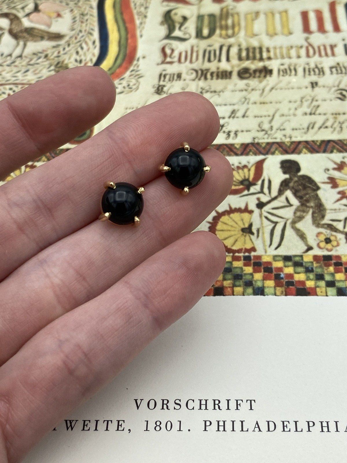Mod 14k Gold Black Onyx Button Stud Earrings 4