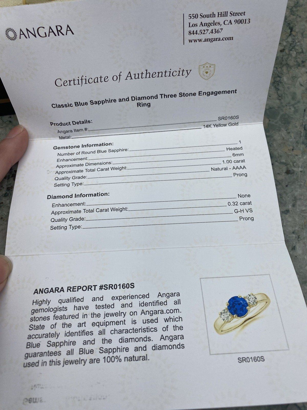 Angara 14k Gold 1ct Sapphire + .32ct Diamond Trio Stone Ladies Ring w GIA + Display Box 3