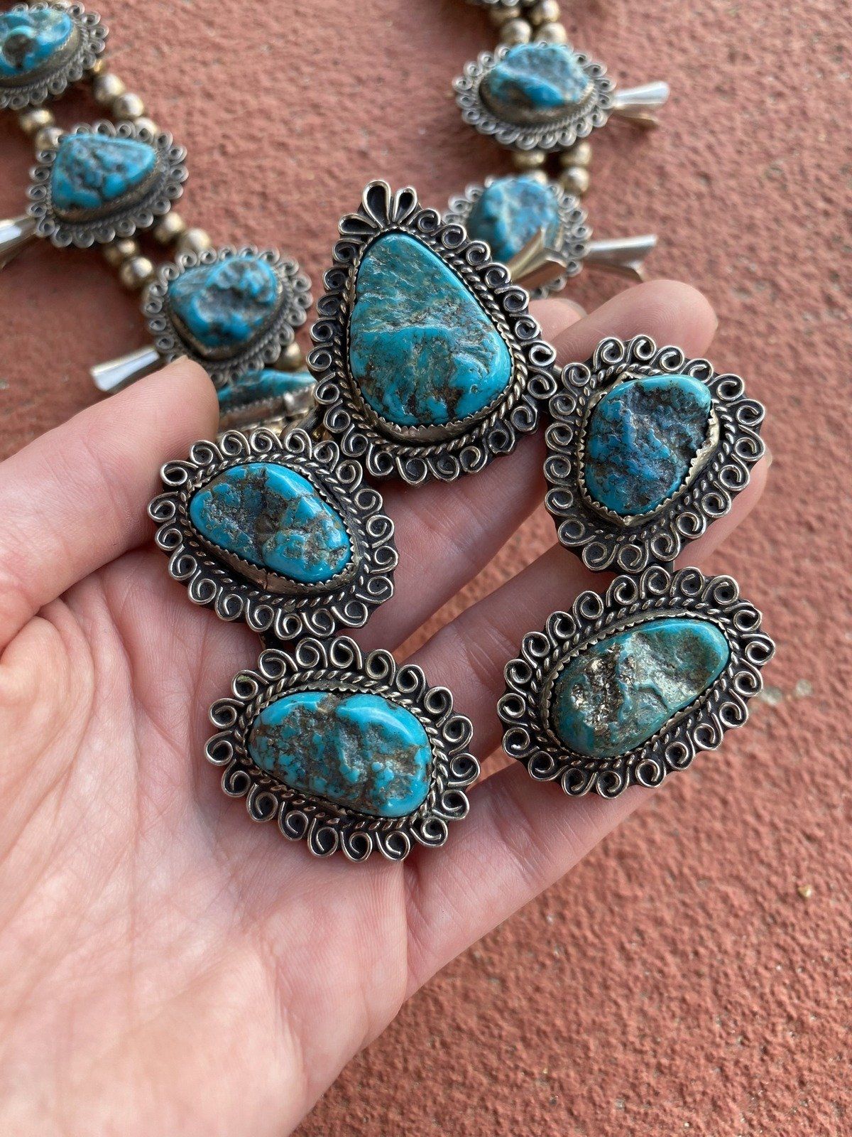 Vintage c.1970s Unsigned Navajo Native American Turquoise Squash Blossom Necklace 4