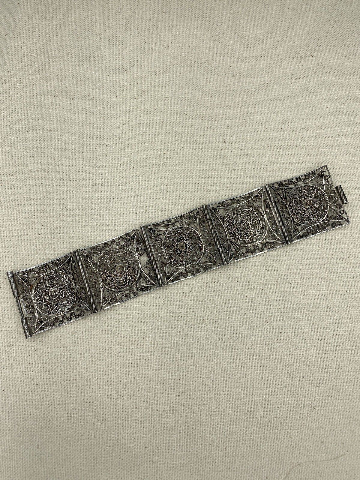 Antique c.1920s Sterling Silver Egyptian Revival Hieroglyphic Filigree Cuff Bracelet 7L 2