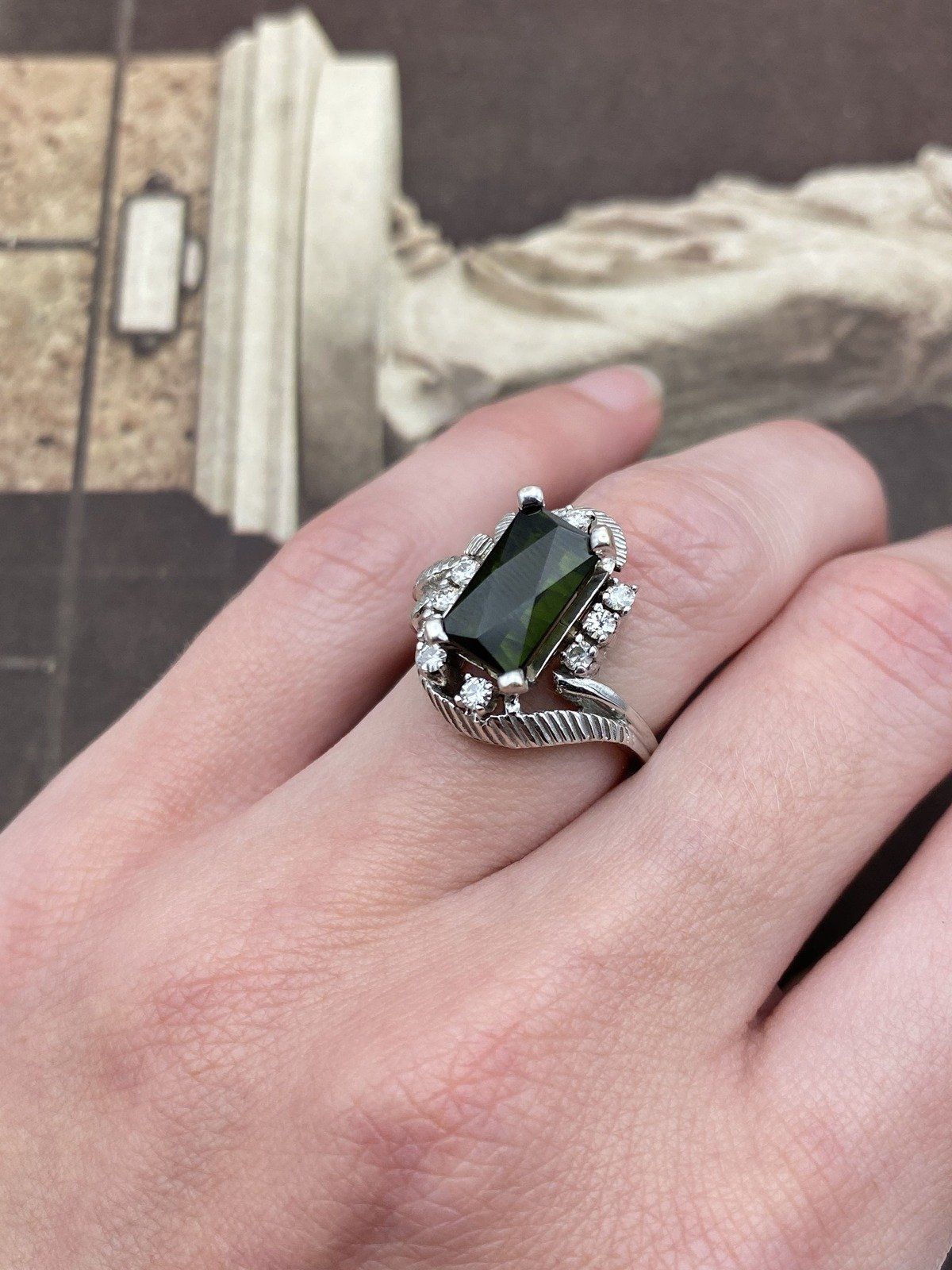 Stunning 14k White Emerald Cut Green Tourmaline + Diamond Frond Vitnage Cocktail Ring 4
