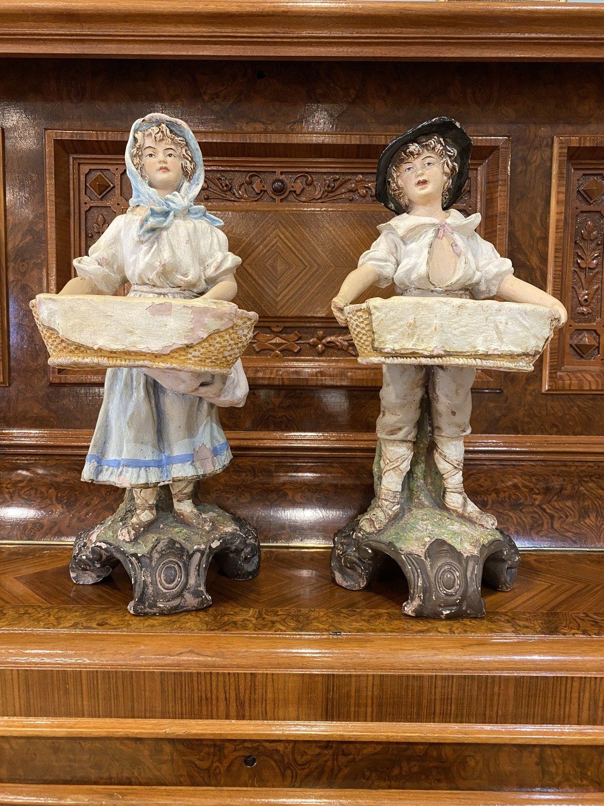 Antique 19th c. Figural Pair of Pottery Sculpture w Wash Bowl Basins 12