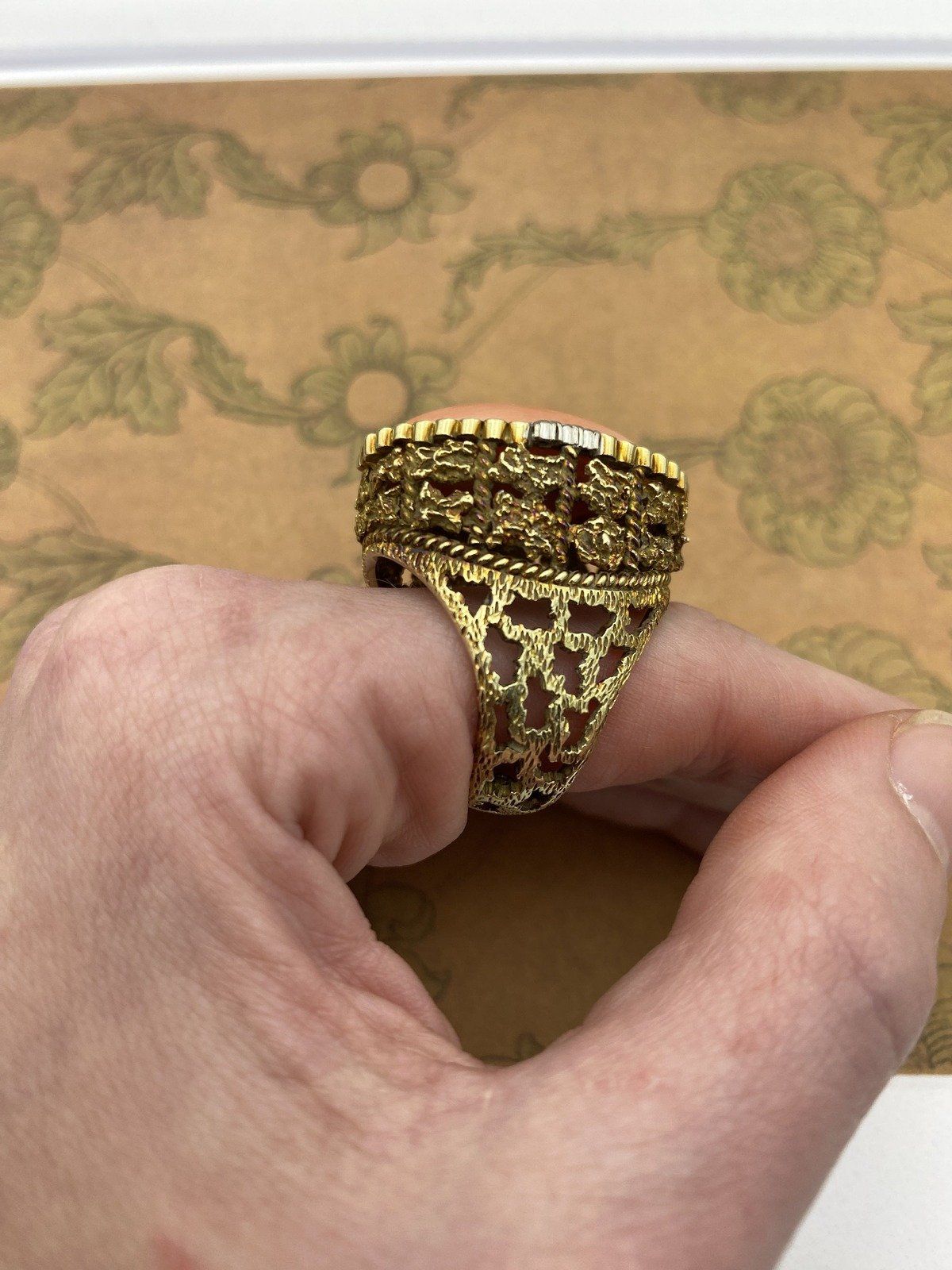 Near Antique c.1930s 14k Gold Nugget + Angel Skin Coral Regale Ring w Diamond Accents 7