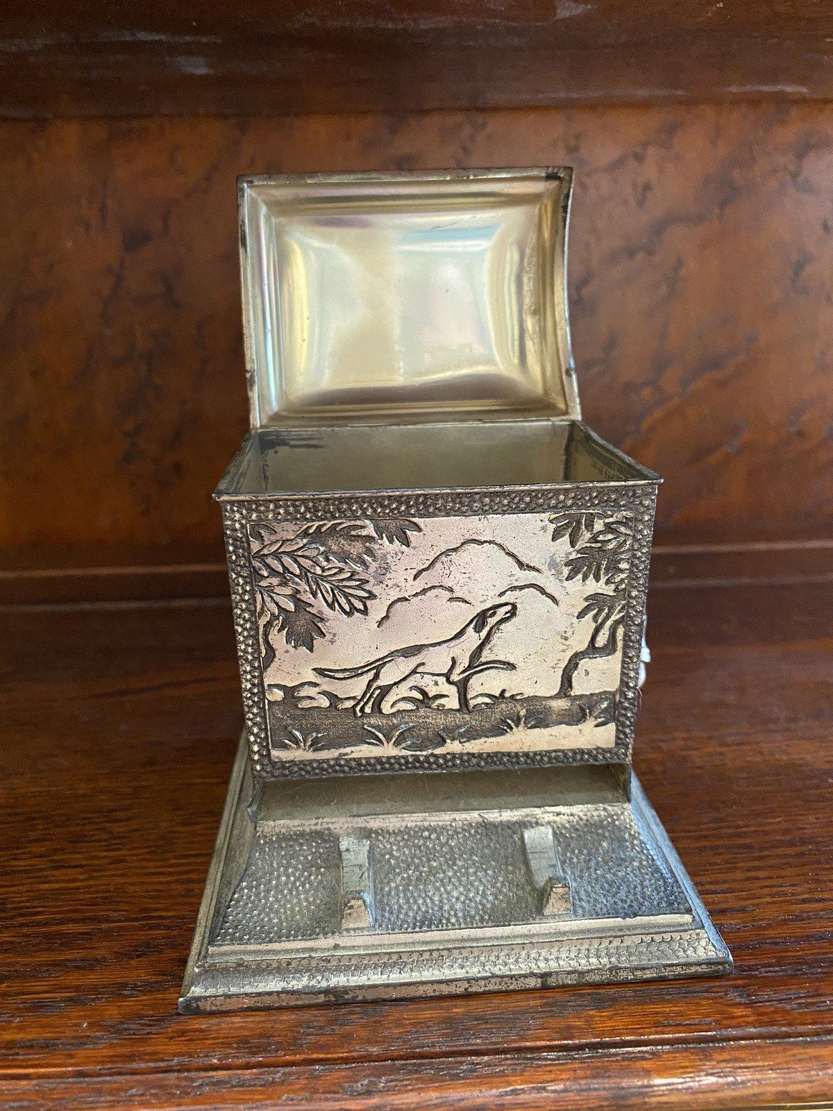 Antique c.1910/20s Silver Plated Functional Cigarette Dispenser w Hunter's Motif + Fauna Etching 4