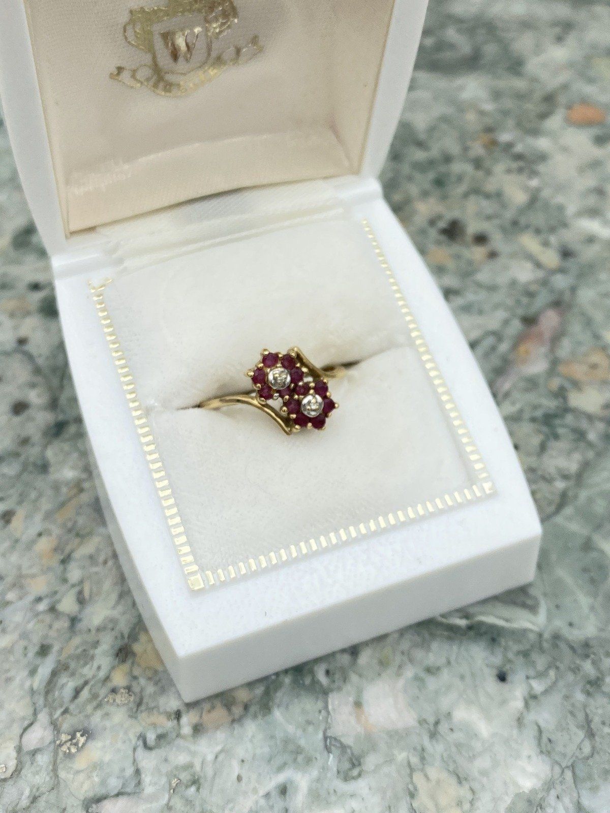 Vintage 10k Gold Ruby Double Flower Bypass Ring w Diamond Centers #2768 9