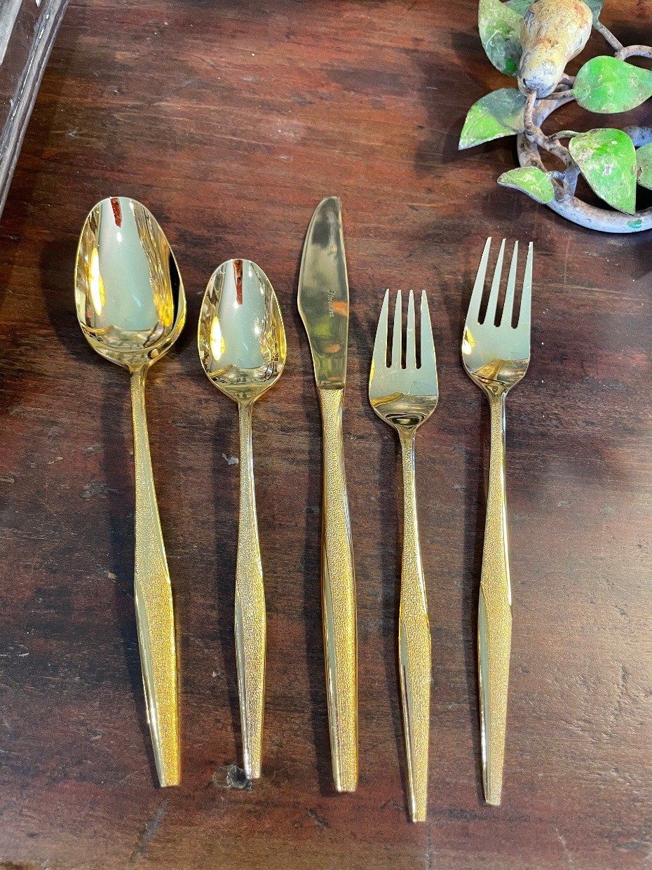 Vintage Gold Washed Florentine Flatware Set Service of 6 + Additives & Serving Pieces