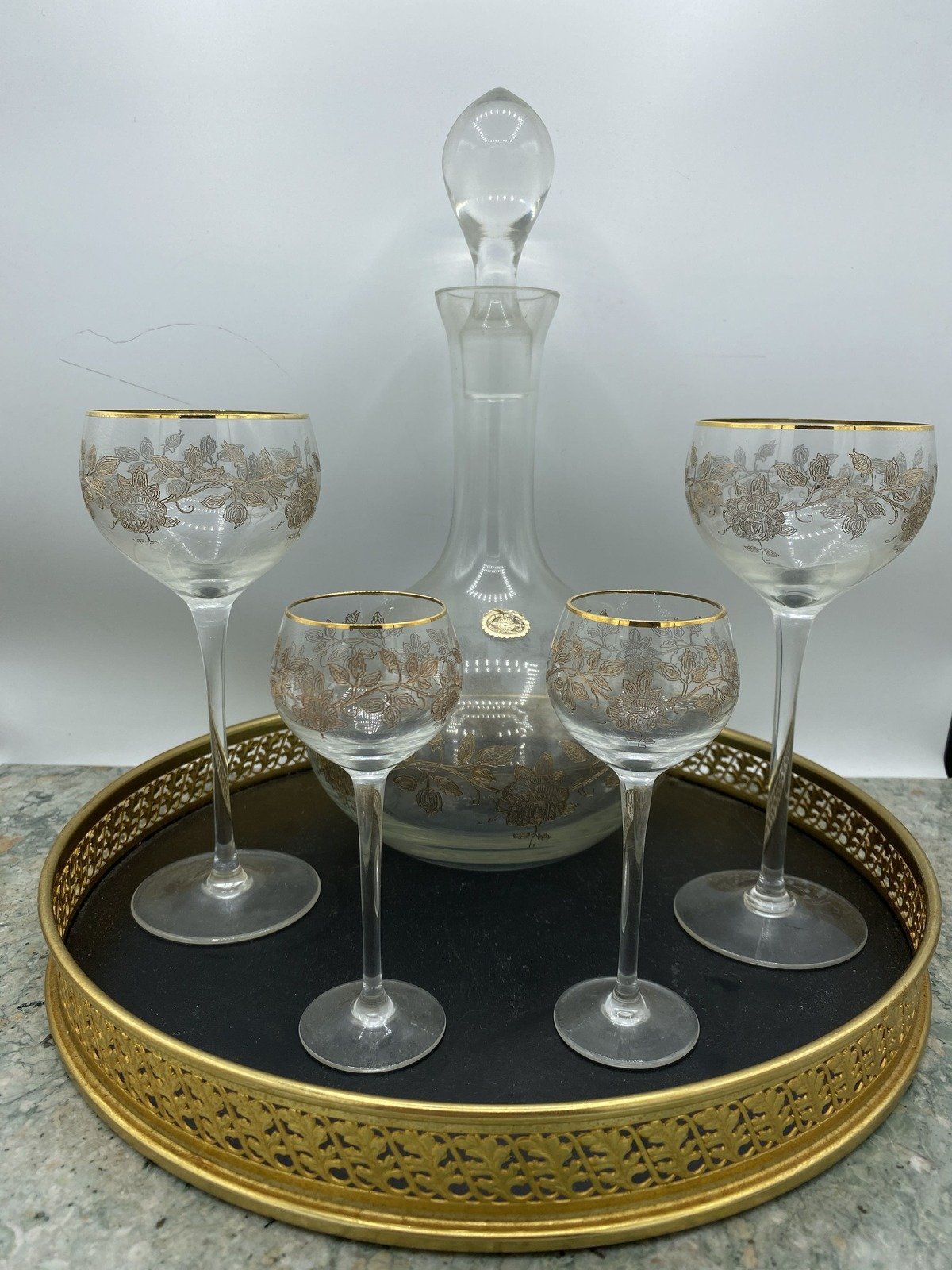 American Cut Crystal Corp. Gilted Czech Crystal Decanter/Sherry SET + Tray