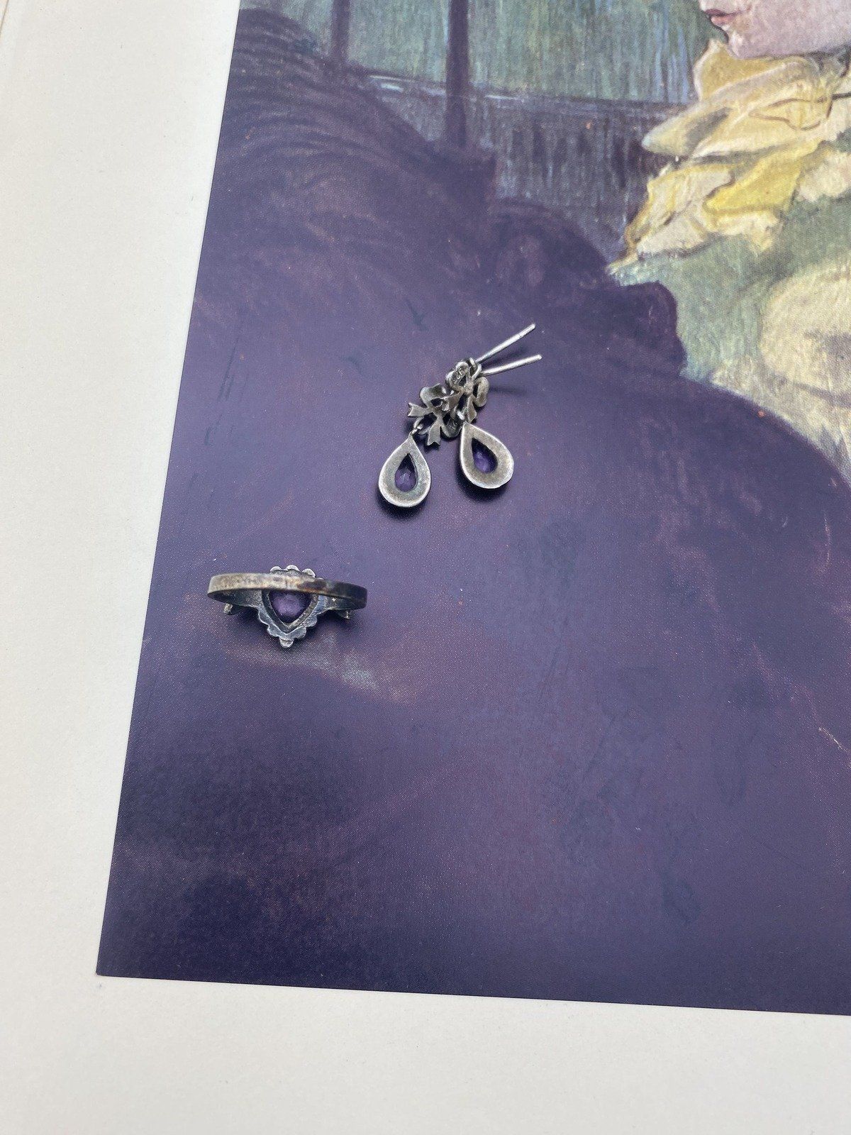 Antique c.1920s Sterling Silver Marcasite + Amethyst Heart Ring + Drop Earrings *SET* 8