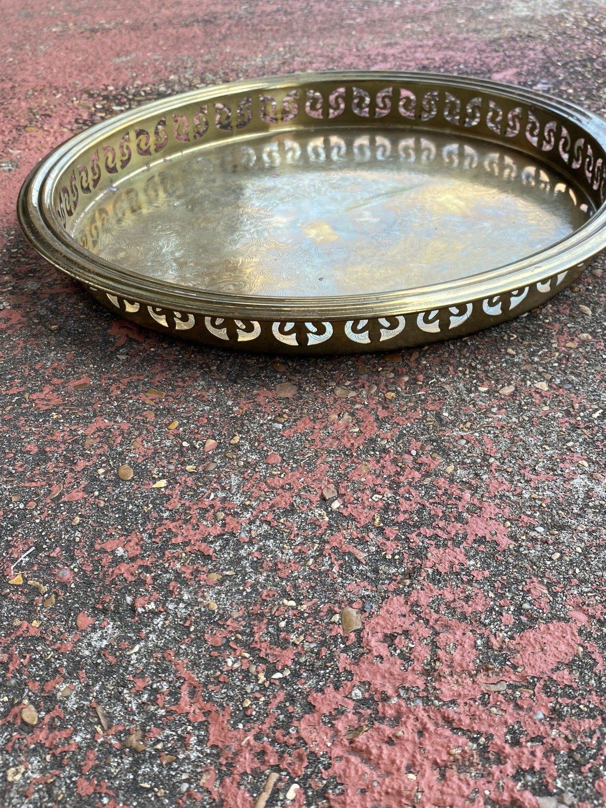 Circular Etched Brass Vintage Serving Tray w Reticulated Edge 3