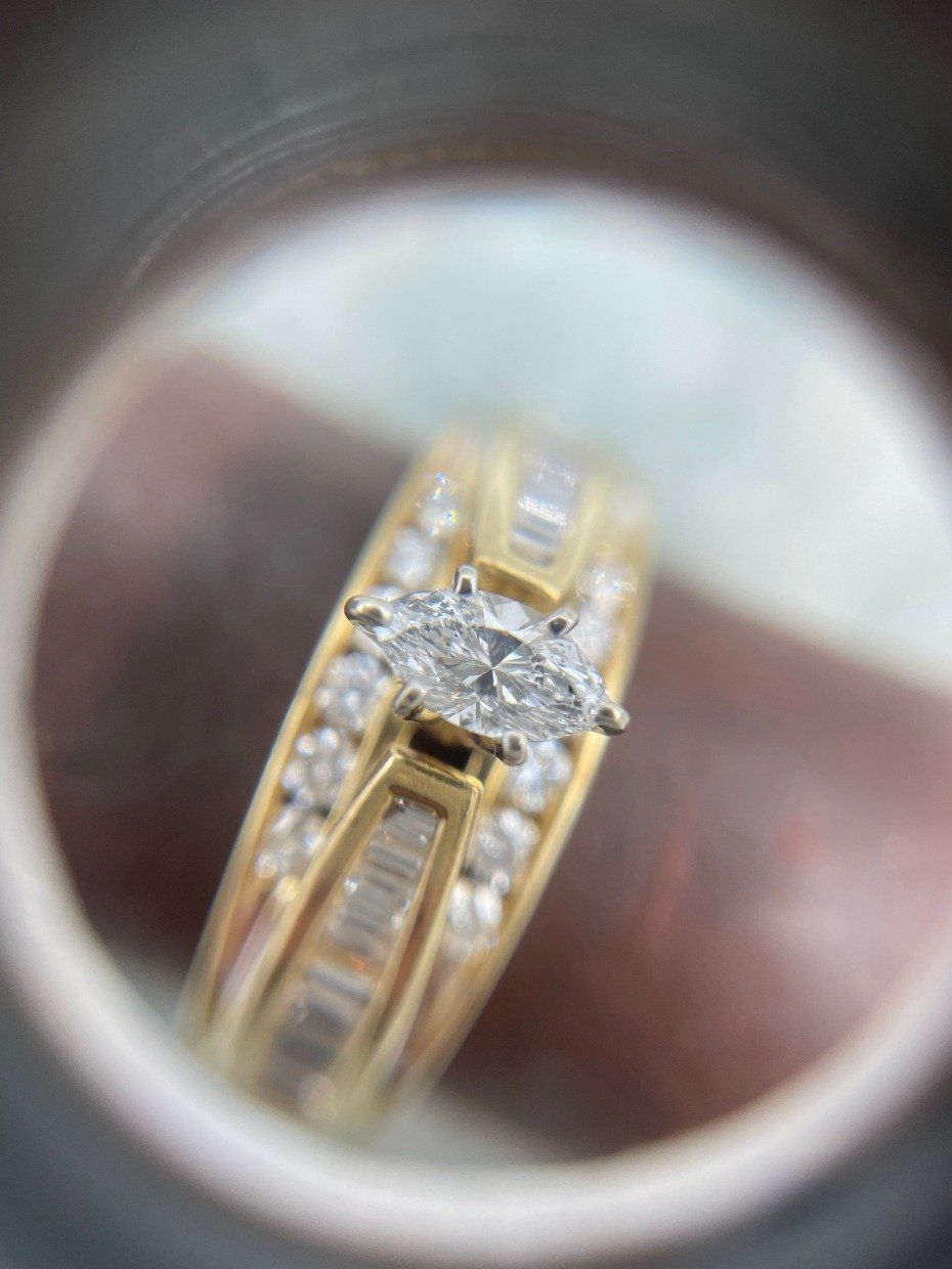 14k Gold .33ct Center Marquise Cut Diamond Engagement Ring w Channel Set Baguette + Round Cut Diamond Band 7