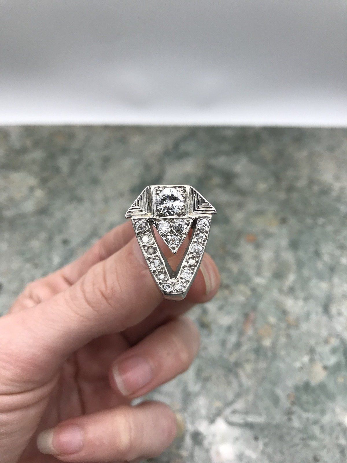Men's 14k White Gold .65ct European Cut Art Deco 1.1ctw Diamond Ring 7