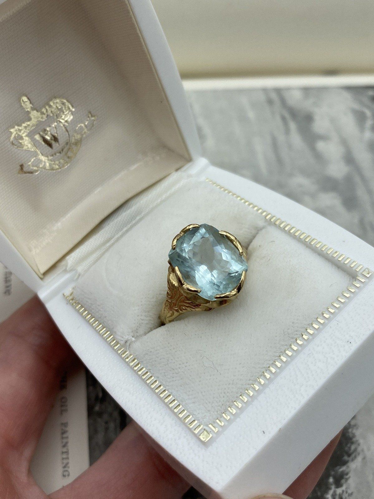 Antique Victorian 14k Gold High Quality Natural Cushion Cut Aquamarine Dress Ring w Carved Shoulder Motif + Lovely Prong Design 10