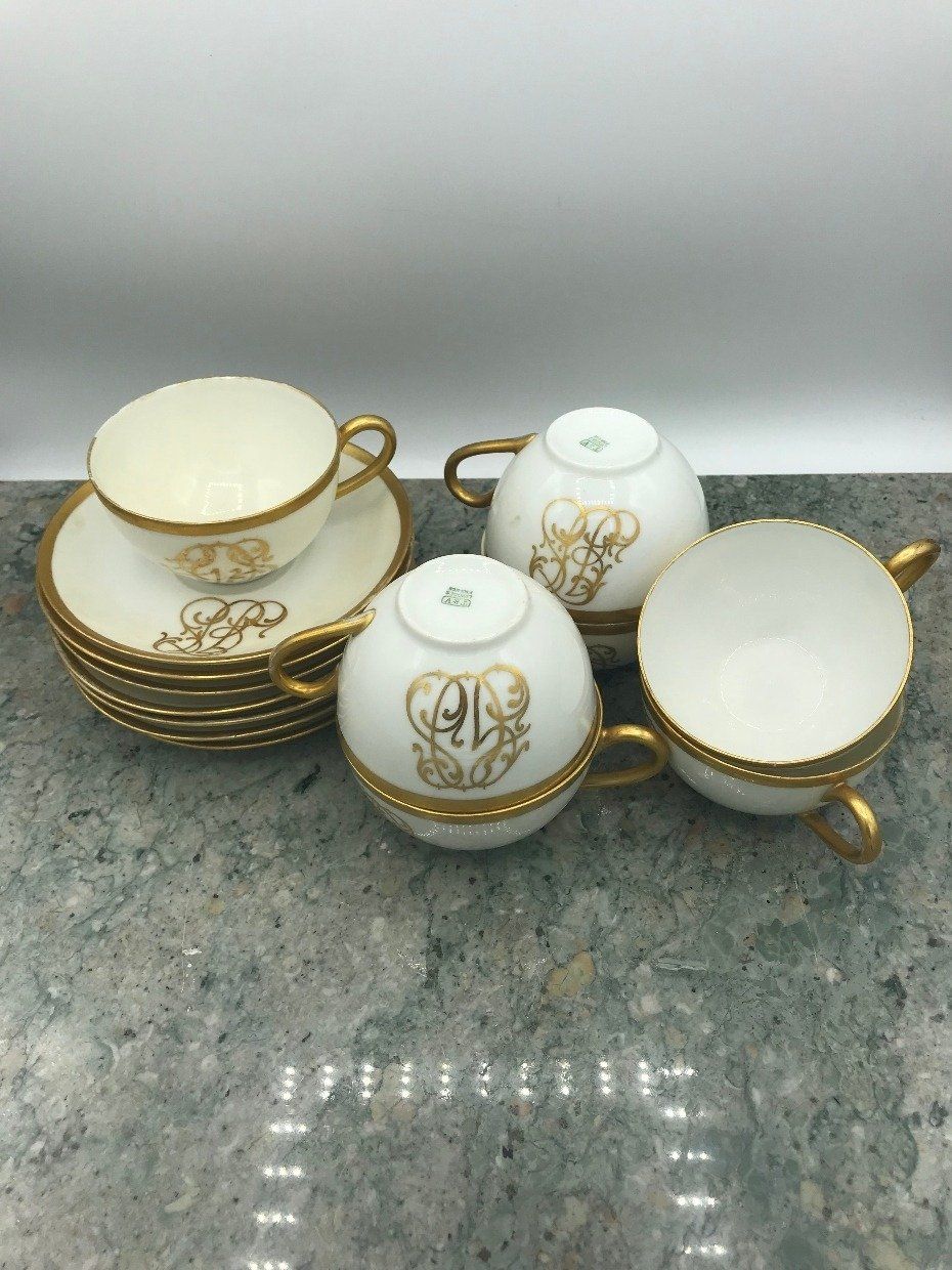 Regal Atq. Limoges Bone + Gold Rim Teacup & Saucer *SET* w Gold English Scripted Monogram 3