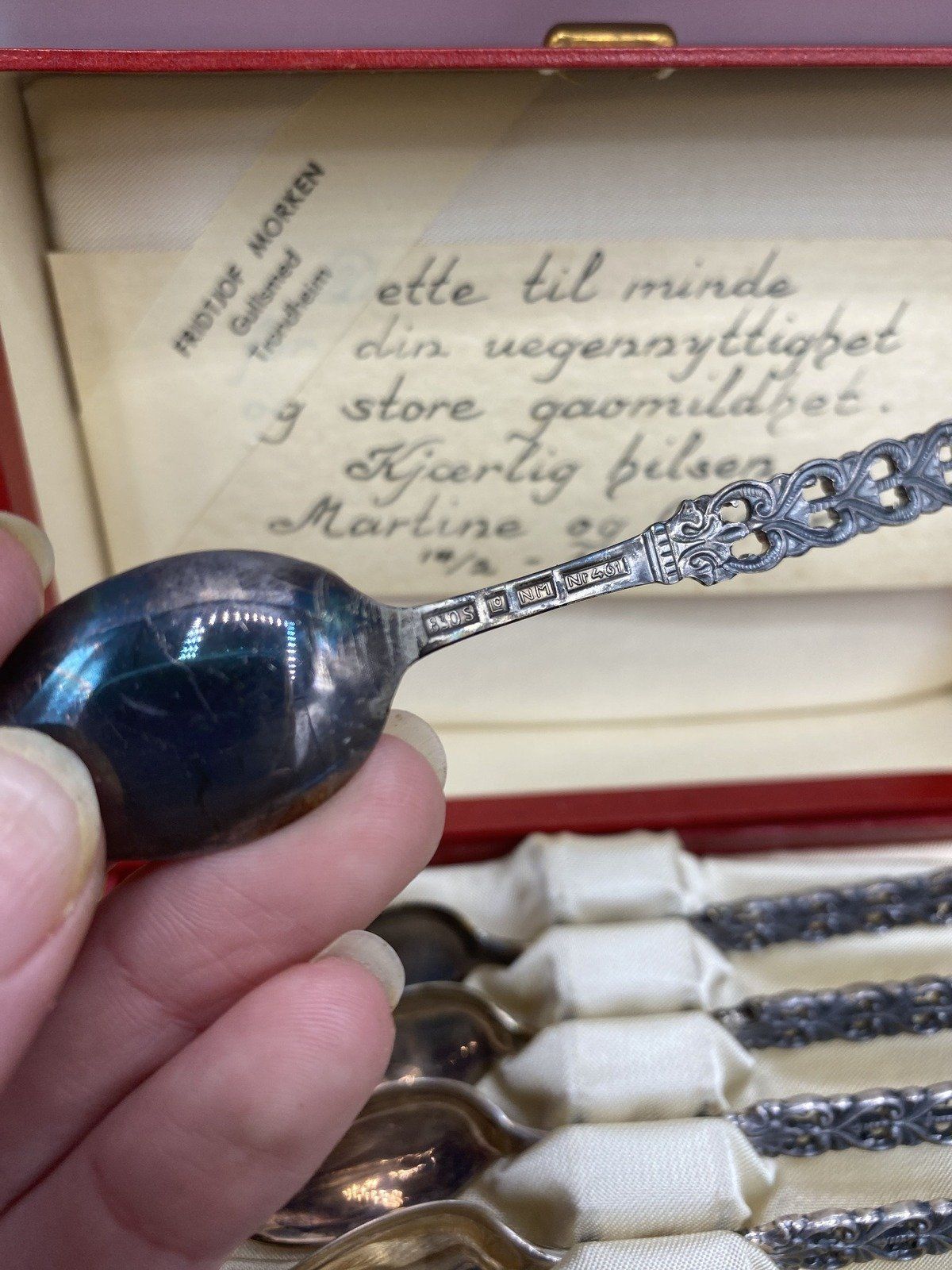 Vintage c.1954 Set of 6 Norwegian 830 Silver Demitasse Spoons + Original Box 3