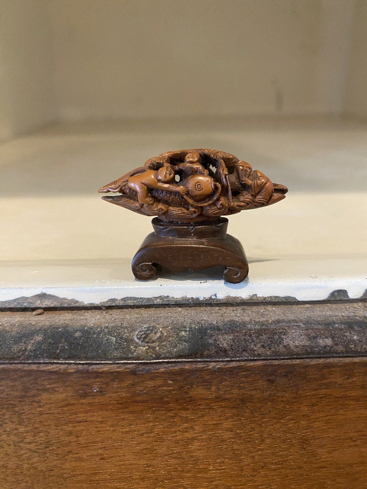 Hand Carved Chinese Olive Pit of Fauna Fishermen + Foliage & Koi 6