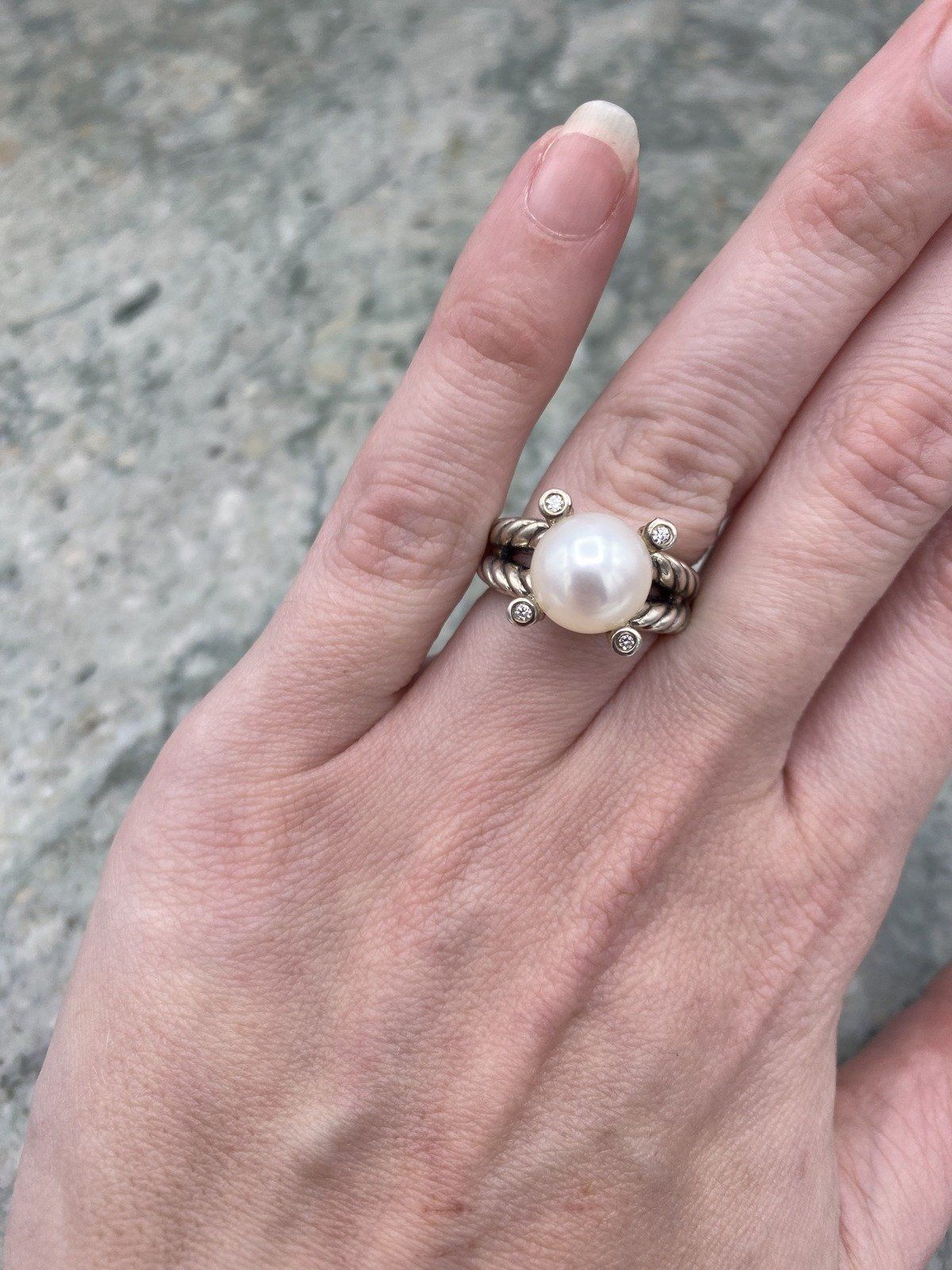 David Yurman Sterling Silver Rope Twist + Pearl + Diamond Prong Solitaire Ring 9