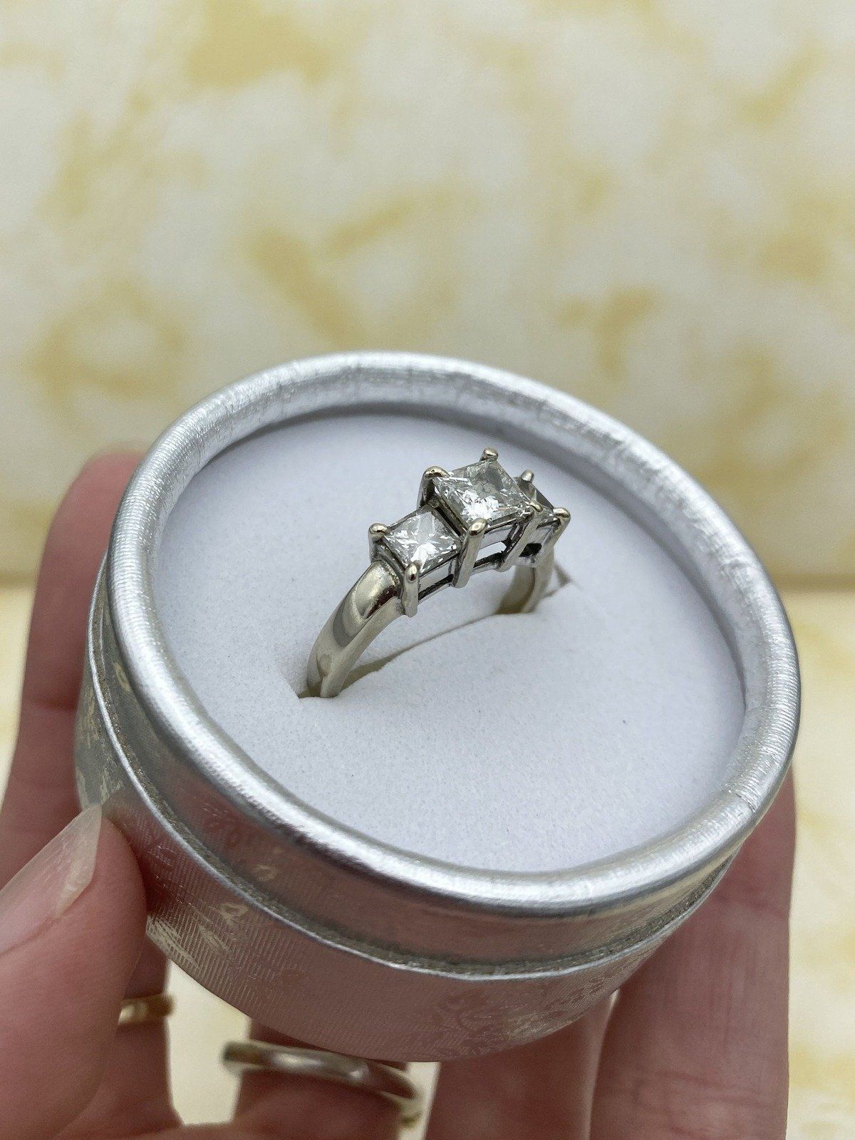 Weighty Vintage 14k White Gold 2.06ctw Princess Cut Diamond Squared Trio Engagement Ring 4