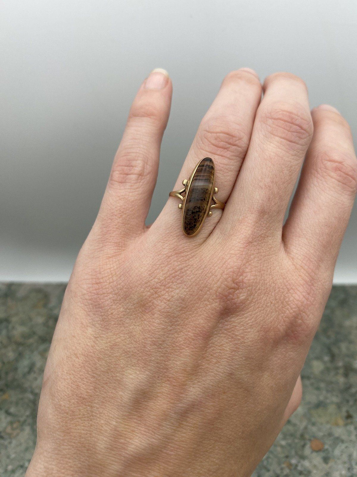 Antique 14k Gold Rare Botswana Agate Navette Ring 9