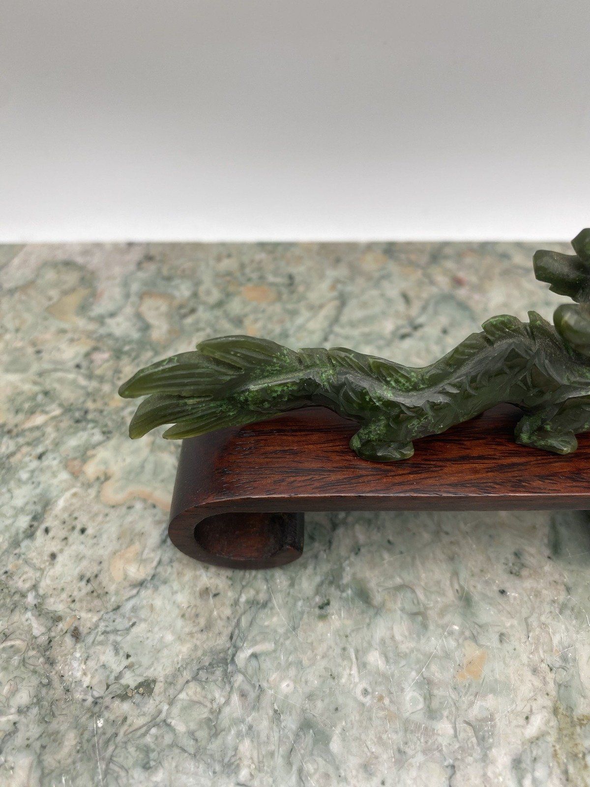 Hand Carved Natural Nephrite Jade Dragon w Feng Shui Wood Stand 6