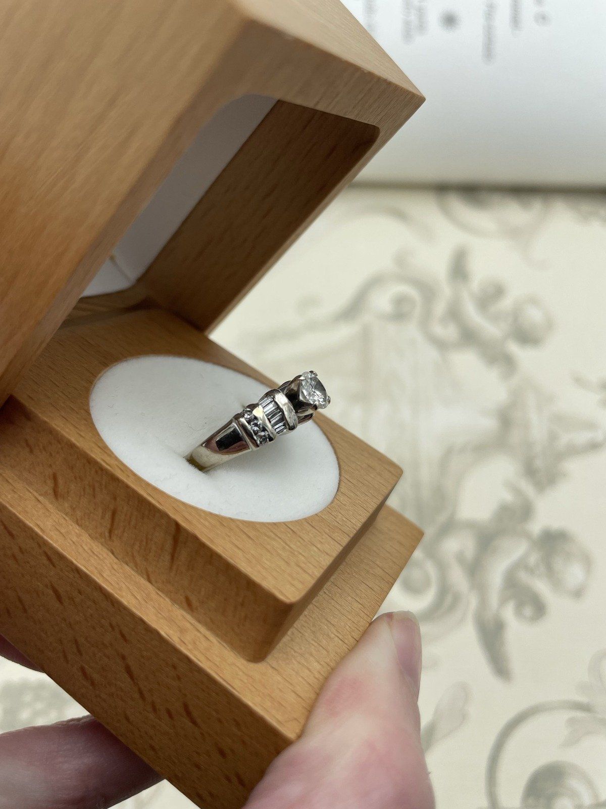 14k White Gold .85ct Center Solitaire Diamond Engagement Ring w Baguette + Round Diamond Shoulders 3