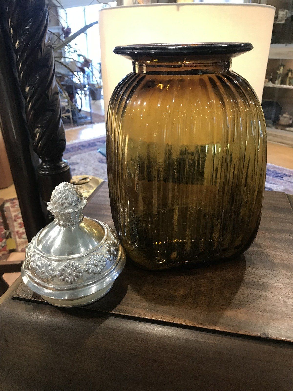 Green Glass Canister w Silver Plated Pinecone Lid 2