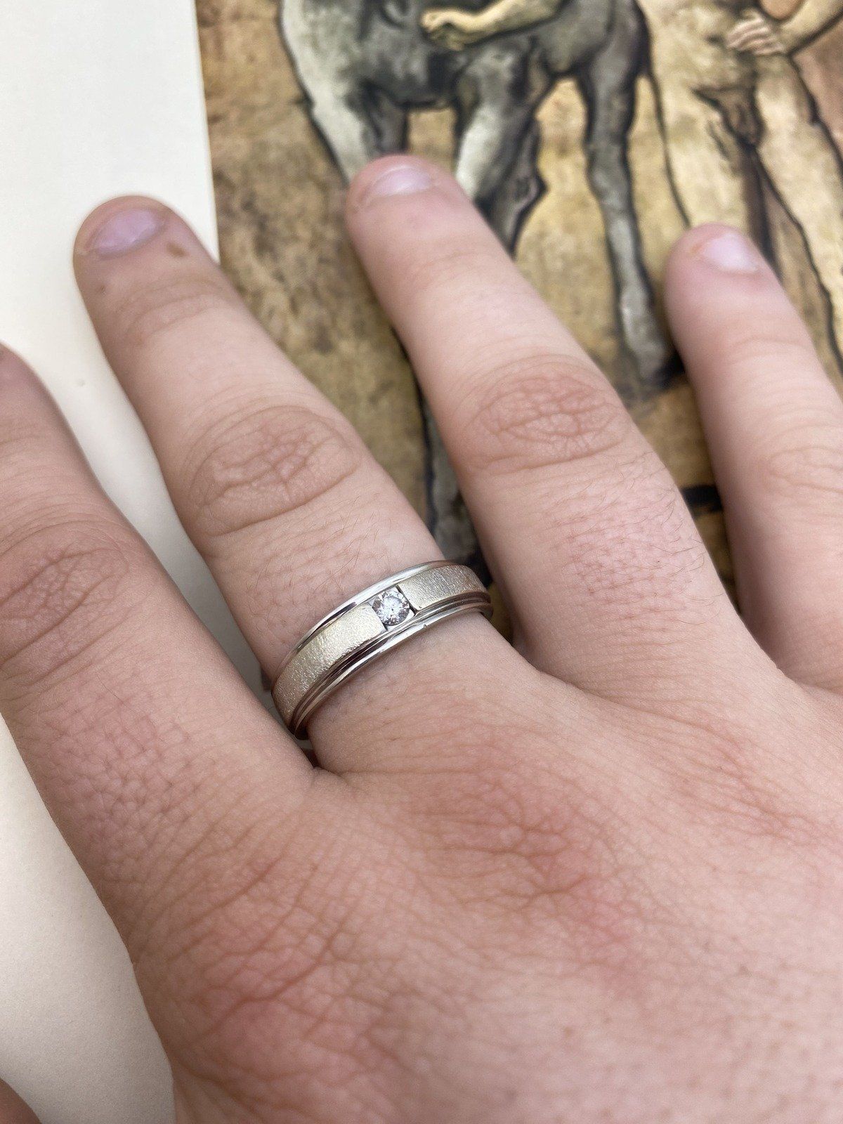Men's Modern 14k Brushed & Polished White Gold .20ct Solitaire Diamond Wedding Band Ring 4