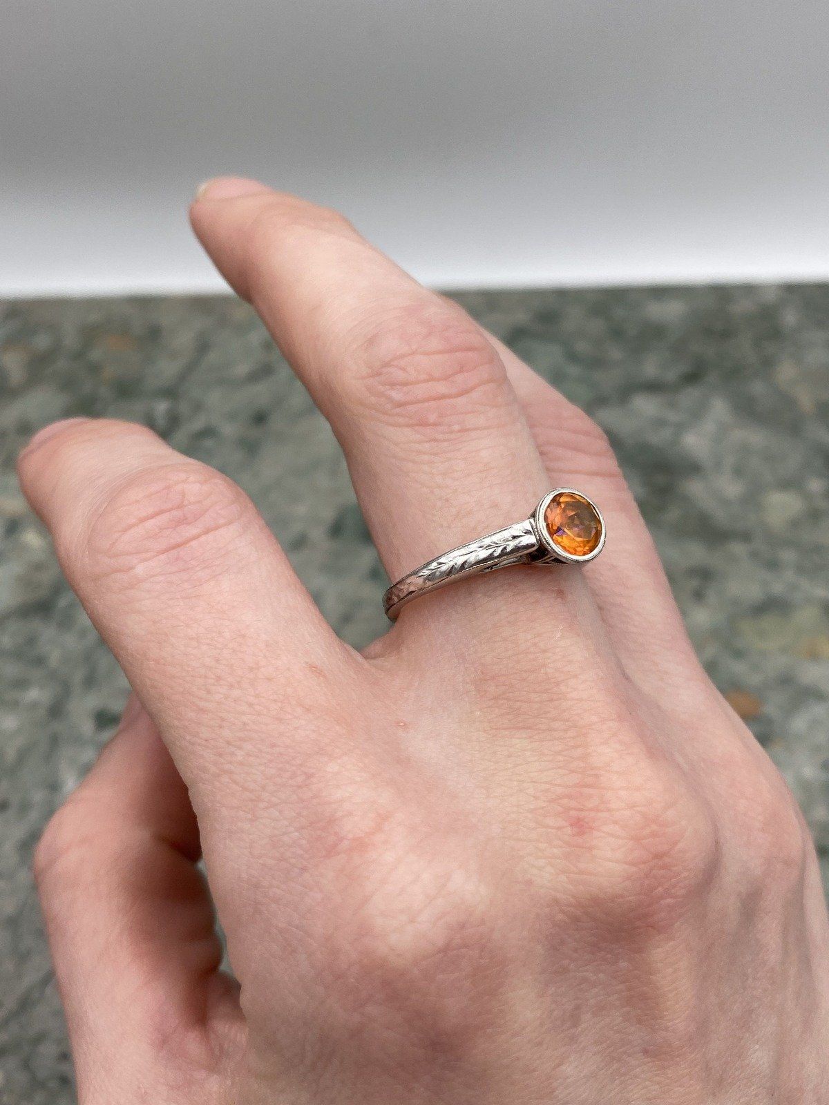 Spessartine Orange Garnet 14k White Gold Bezel Set Ring w Carved Band 10