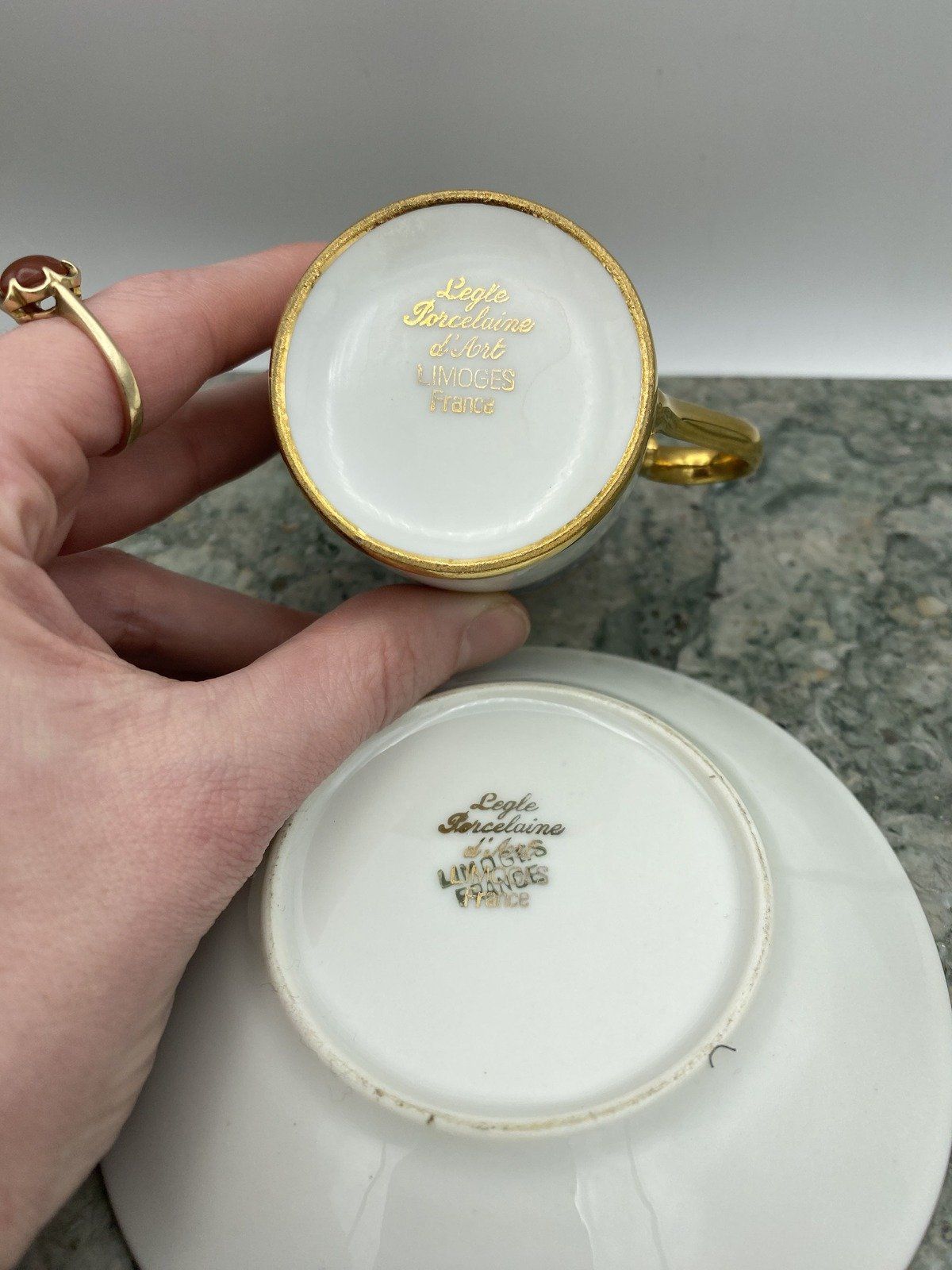 Legle Porcelaine d'Art Limoges French Flow Blue Acanthus + Gilt Demitasse Teacup + Saucer 5