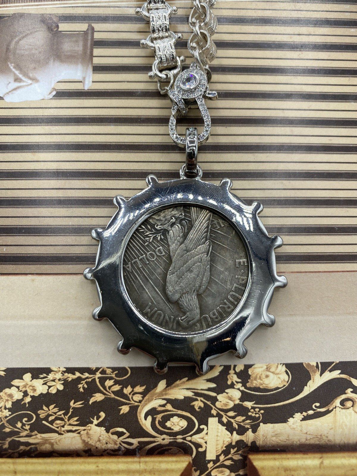 Laura Hackney c.1922 Silver Peace Dollar + CZ Bookchain Necklace 4