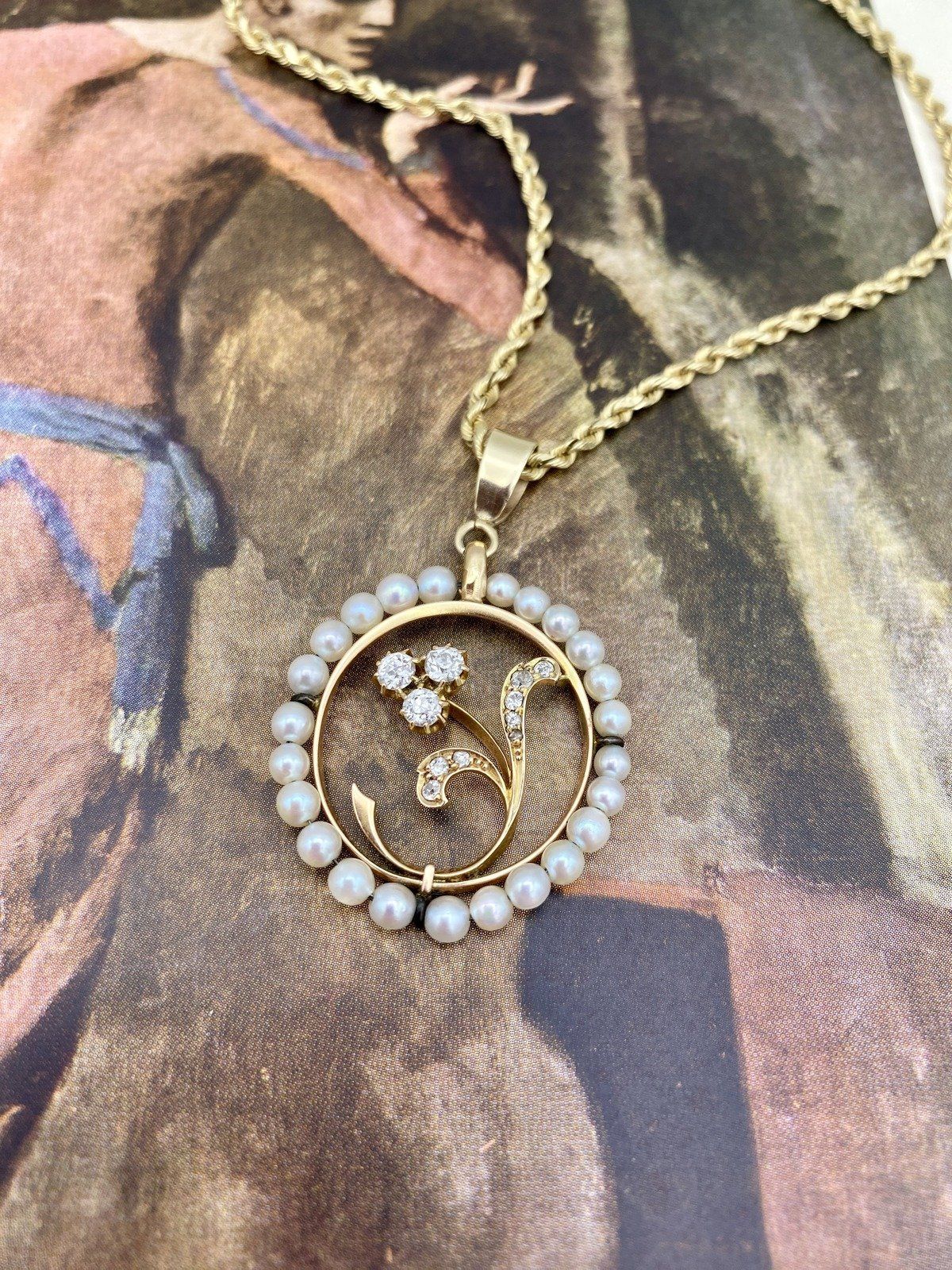 18k Gold Antique French Art Nouveau .45ctw Old Mine Diamond Lily of The Valley Pearl Wreathed 18L Drop Necklace (NO DISCOUNT) 2