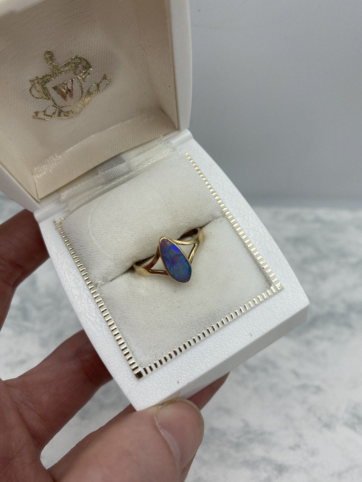 Lovely Narrow Pear 14k Gold Black Opal Ring w Lovely Fire + Split Shoulder Design 7