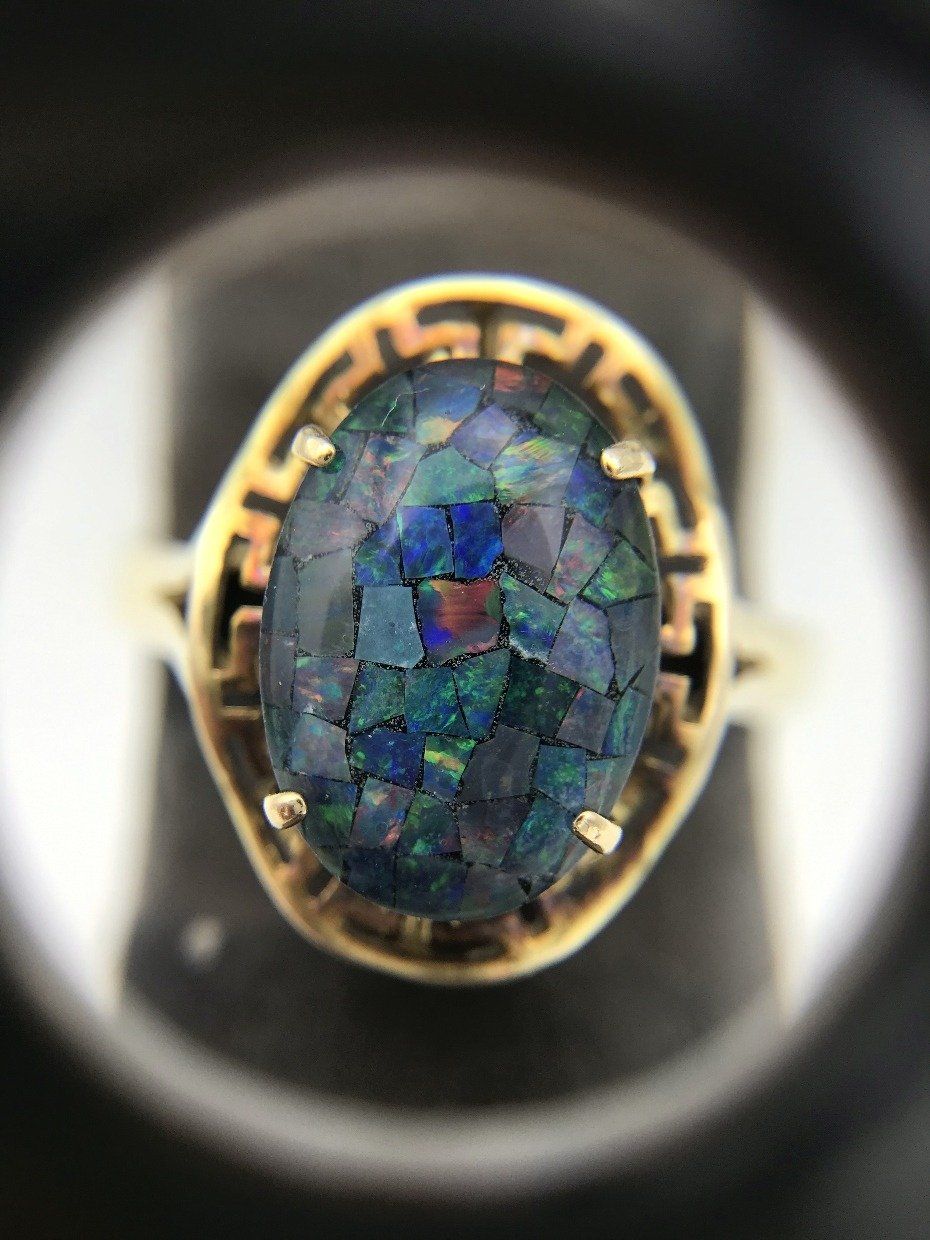 14k Gold Crushed Black Opal Doublette Meander Ring 2