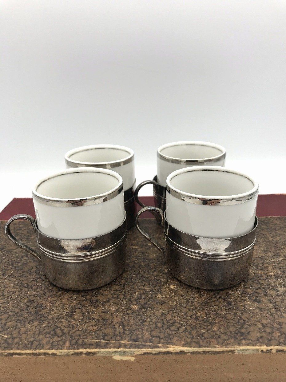 Set of 4 Brazilian Made Porcelain + Silverplate Espresso Cups