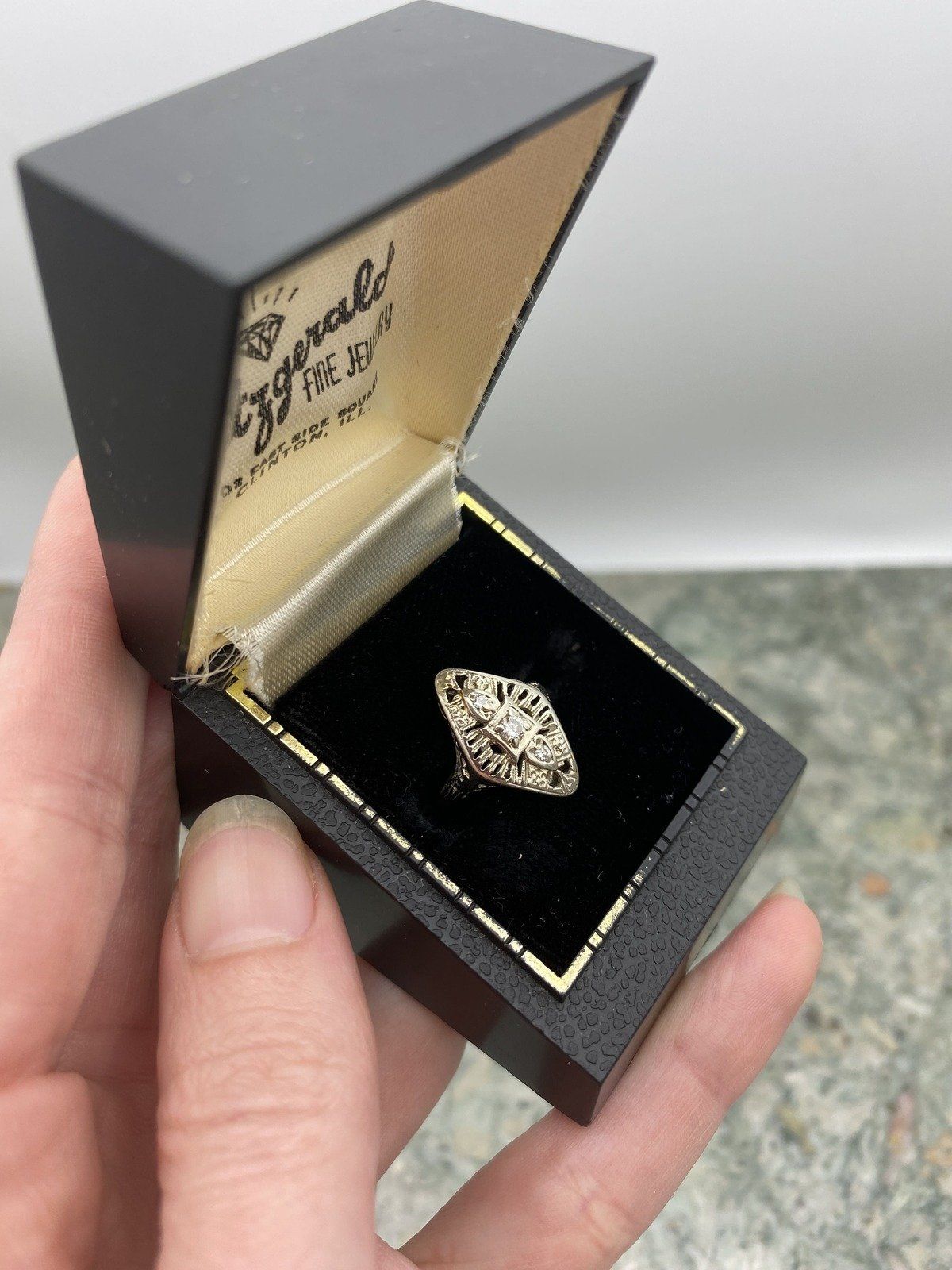 Antique 14k White Gold Filigree Diamond Navette Ring w Spade Design 2