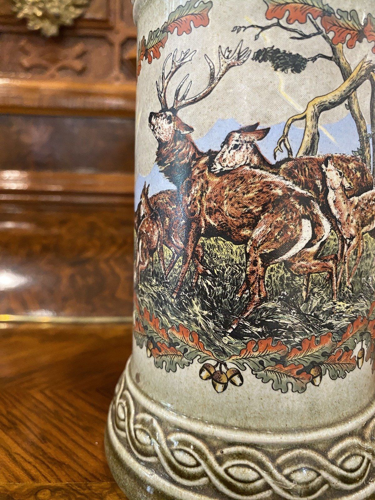 Gerz German Printed Hunter's Motif Beer Stein w Ram Finial 6